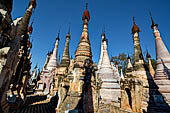 Rows of stupas in the Kakku (Kekku) Pagoda complex. The complex was kept hidden from the rest of the world until 2002 when it was opened to foreigners. Shan State, Burma (Myanmar). 